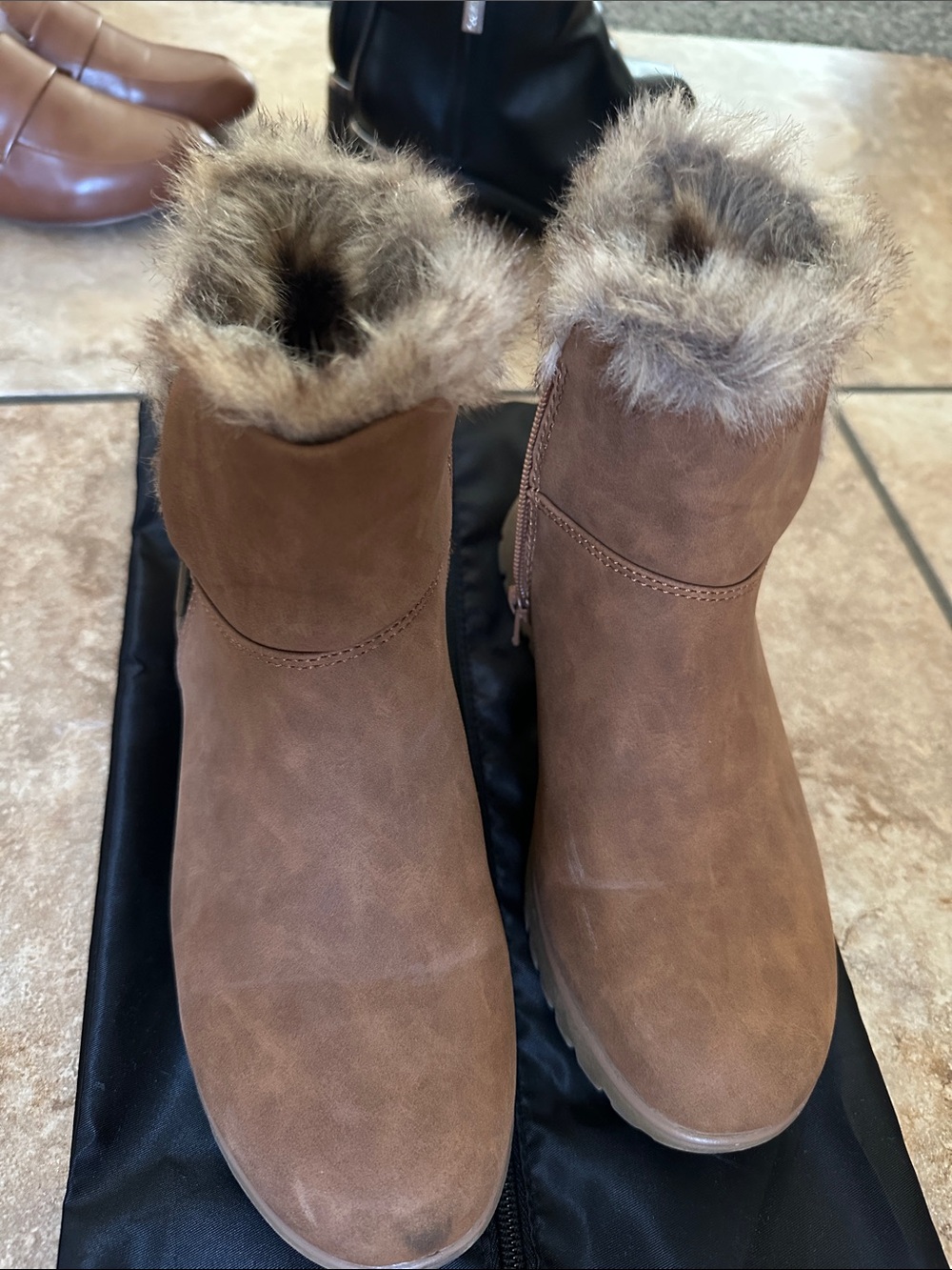 London Fog Brown Faux-Fur Trim Chelsea Booties